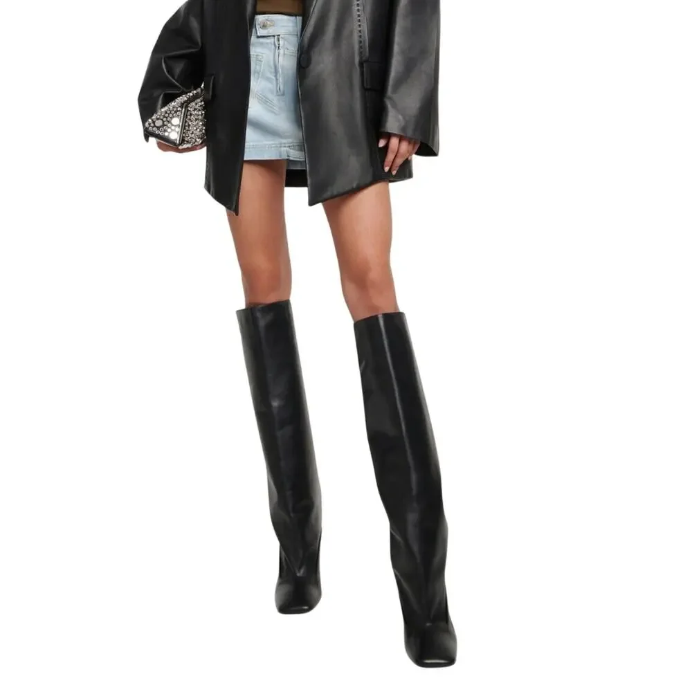 The Attico Sienna Leather Square Toe Knee High Stiletto Boots Women's Size 38.5